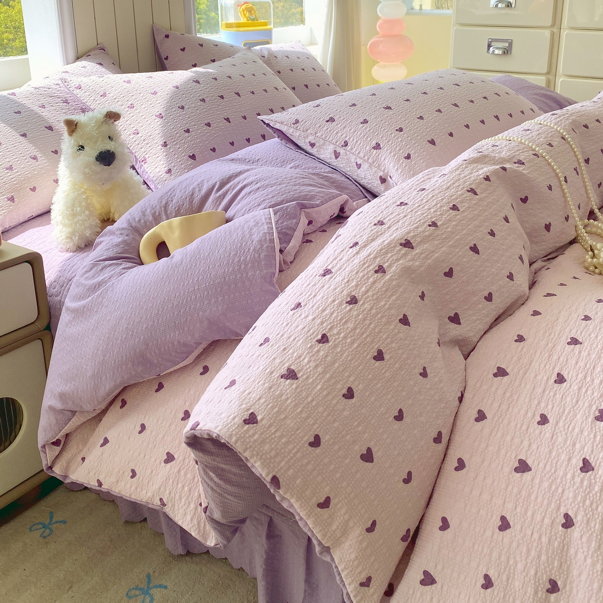 莱米家纺 2026新款云感泡泡纱双层纱床盖四件套 紫色爱心