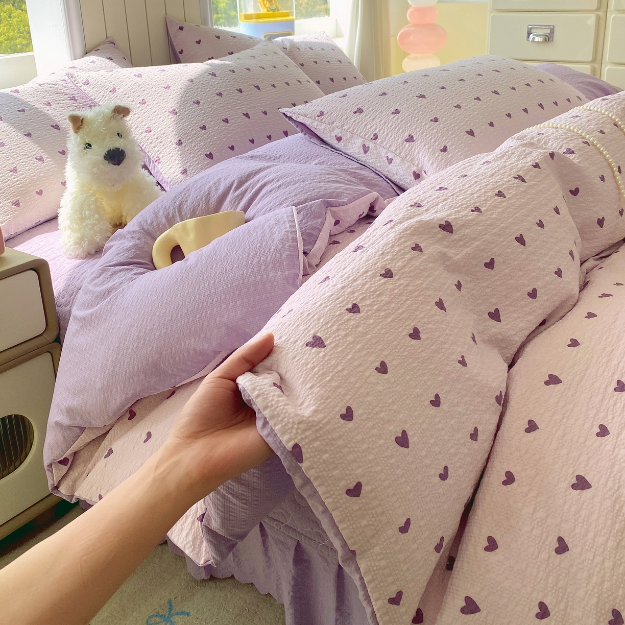 91家纺网 家纺一手货源 找家纺 莱米家纺 2026新款云感泡泡纱双层纱床盖四件套 紫色爱心