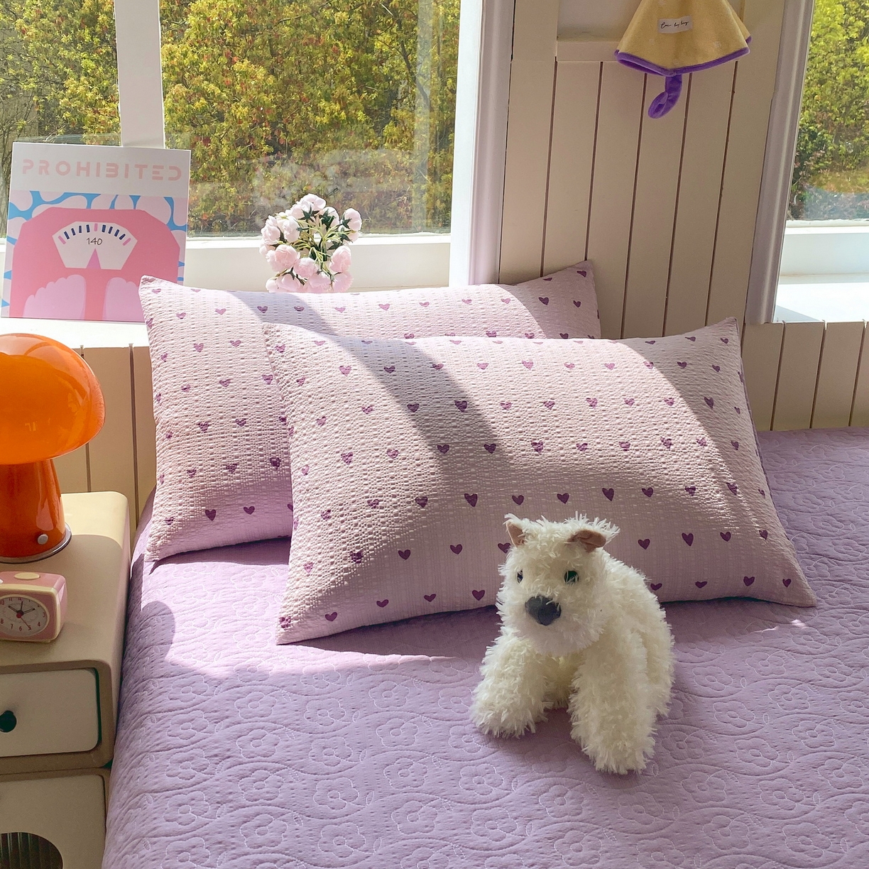 91家纺网 家纺一手货源 找家纺 莱米家纺 2026新款云感泡泡纱双层纱床盖四件套 紫色爱心