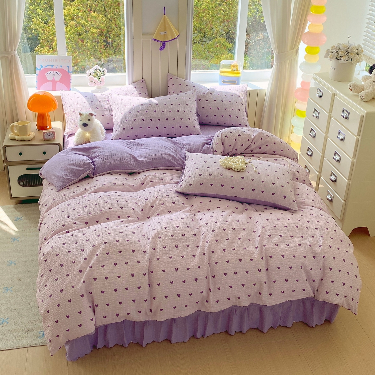 91家纺网 家纺一手货源 找家纺 莱米家纺 2026新款云感泡泡纱双层纱床盖四件套 紫色爱心