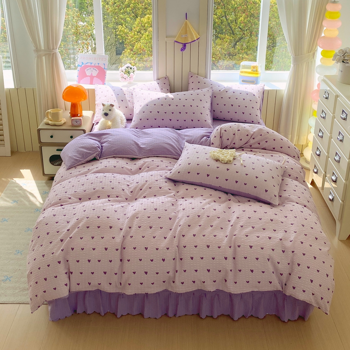 91家纺网 家纺一手货源 找家纺 莱米家纺 2026新款云感泡泡纱双层纱床盖四件套 紫色爱心
