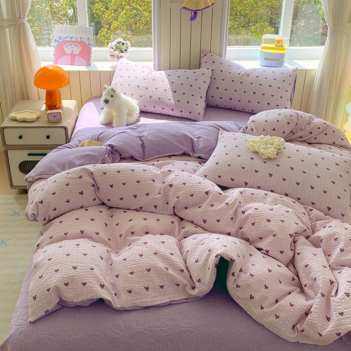 91家纺网 家纺一手货源 找家纺 莱米家纺 2026新款云感泡泡纱双层纱床盖四件套 紫色爱心