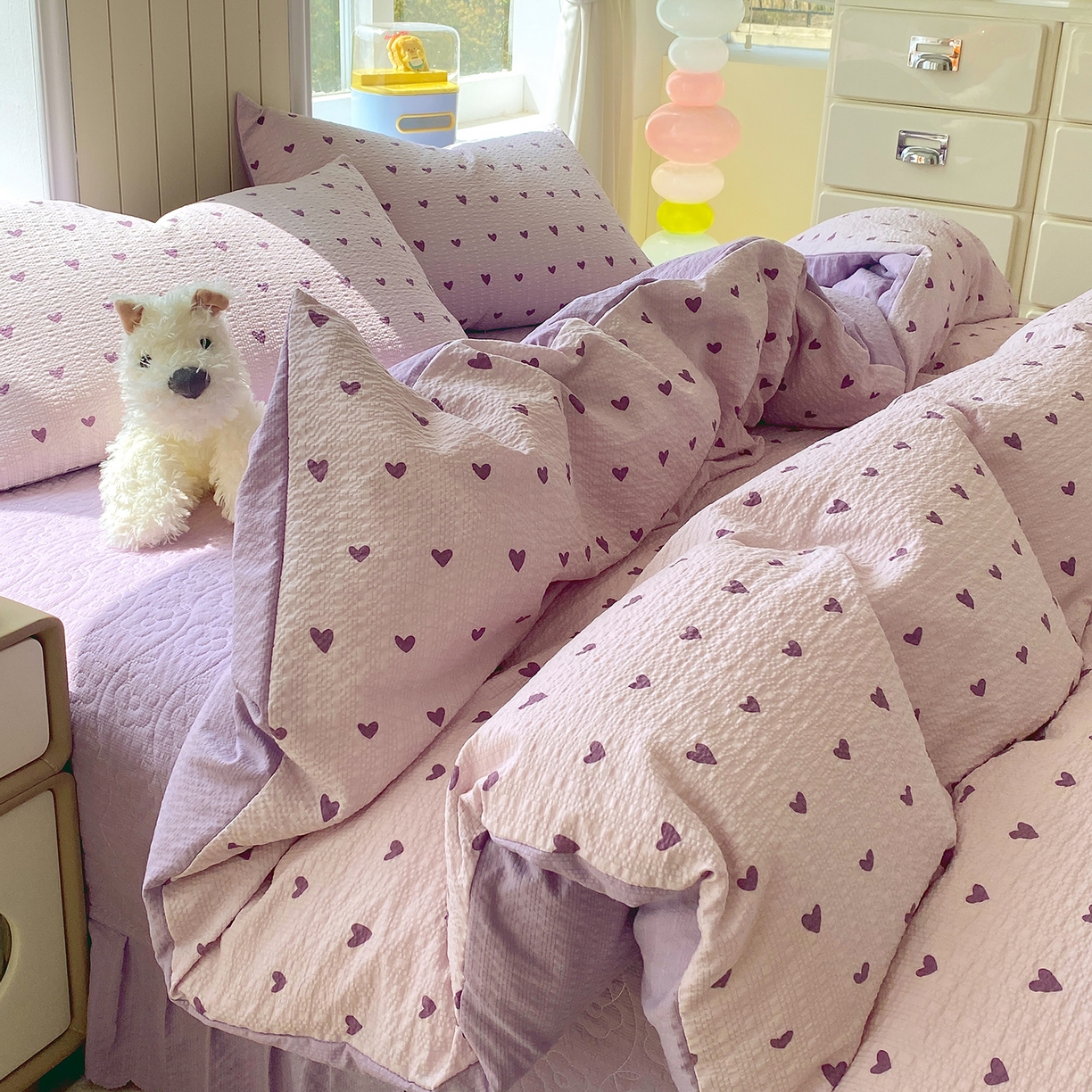 91家纺网 家纺一手货源 找家纺 莱米家纺 2026新款云感泡泡纱双层纱床盖四件套 紫色爱心
