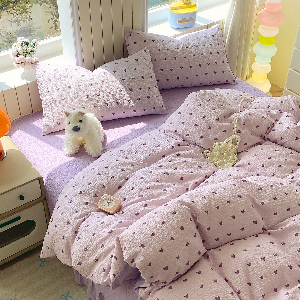 91家纺网 家纺一手货源 找家纺 莱米家纺 2026新款云感泡泡纱双层纱床盖四件套 紫色爱心