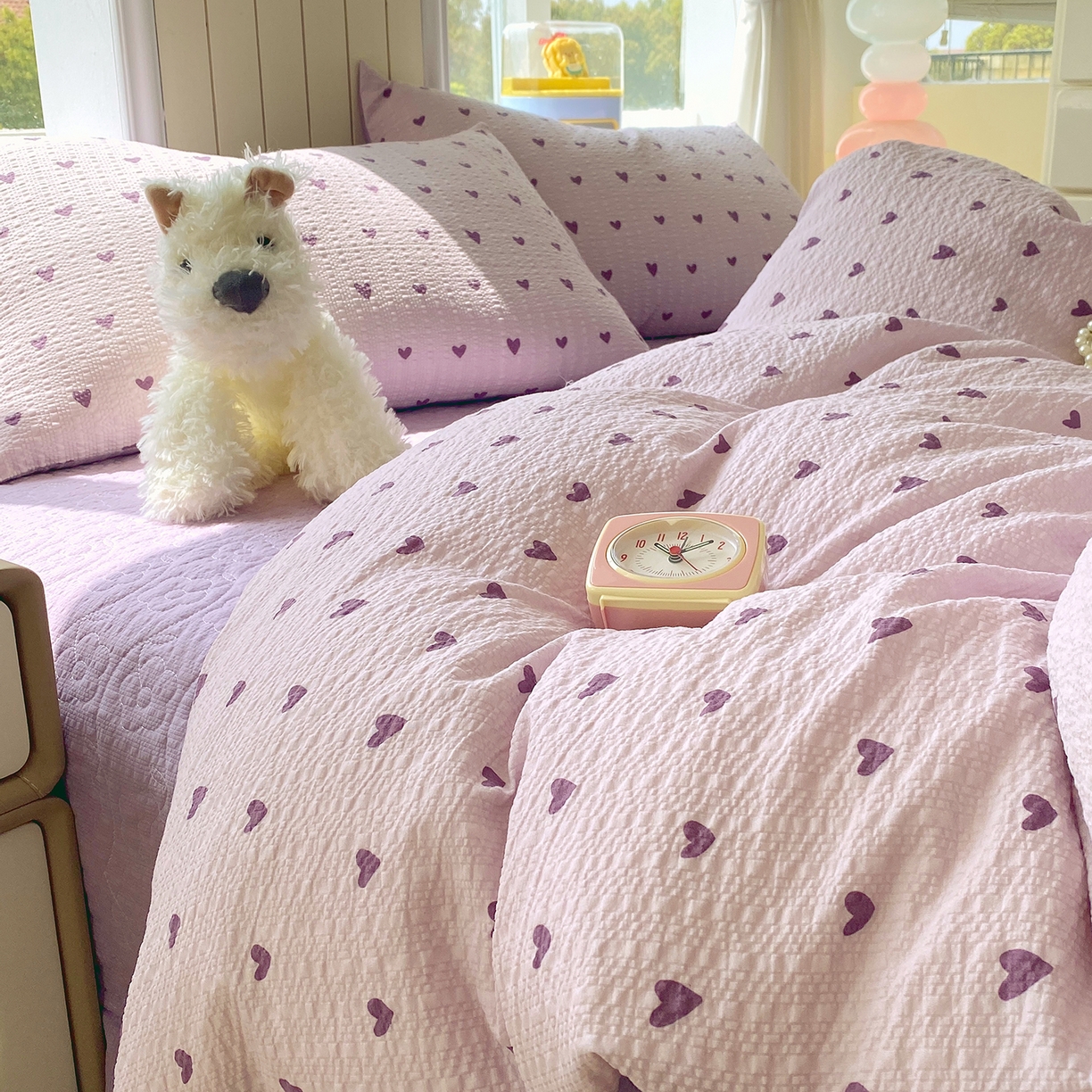 91家纺网 家纺一手货源 找家纺 莱米家纺 2026新款云感泡泡纱双层纱床盖四件套 紫色爱心