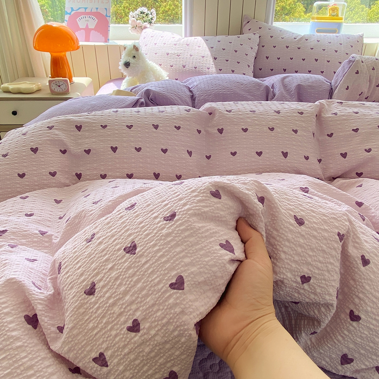 91家纺网 家纺一手货源 找家纺 莱米家纺 2026新款云感泡泡纱双层纱床盖四件套 紫色爱心