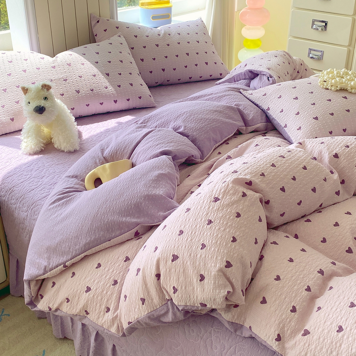 91家纺网 家纺一手货源 找家纺 莱米家纺 2026新款云感泡泡纱双层纱床盖四件套 紫色爱心
