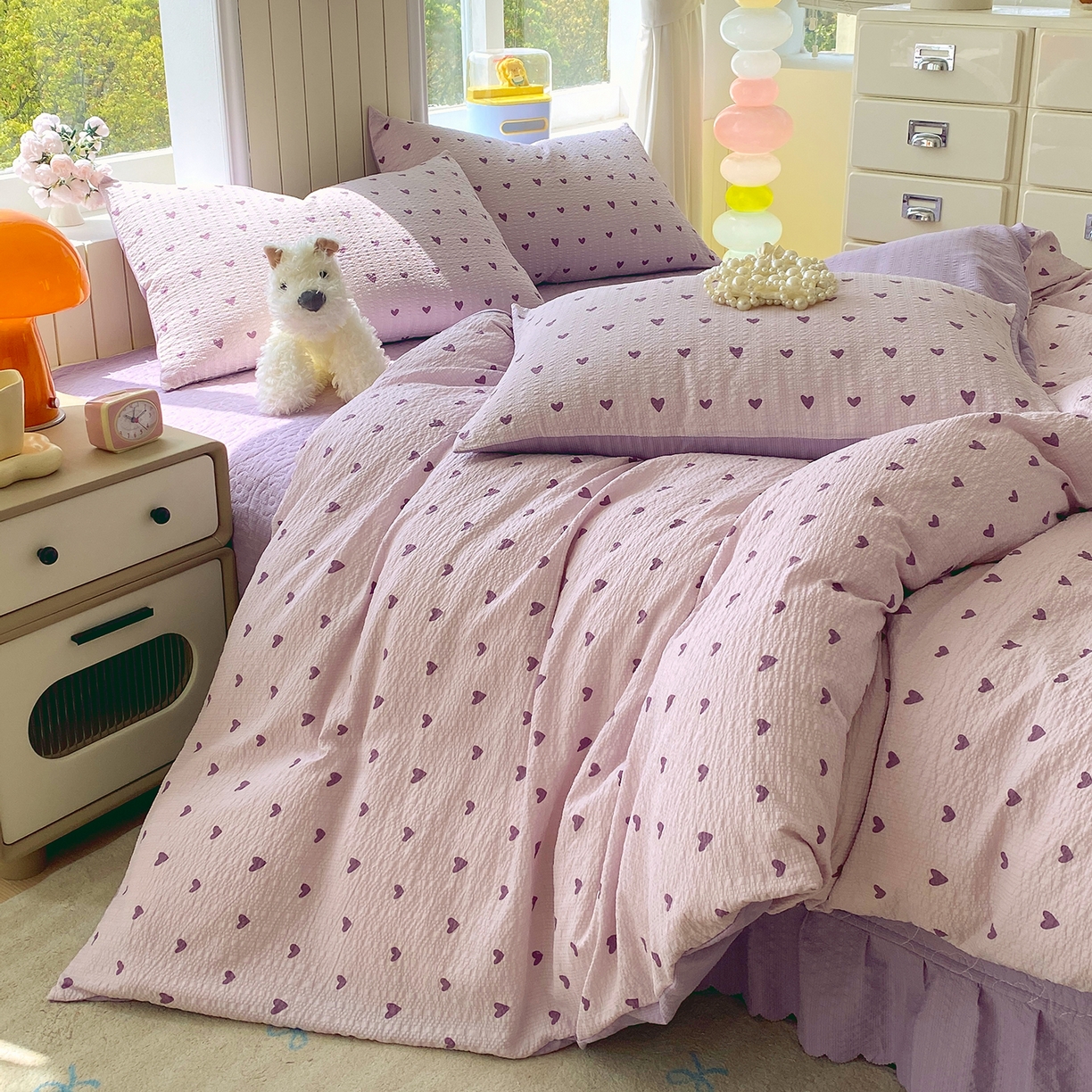91家纺网 家纺一手货源 找家纺 莱米家纺 2026新款云感泡泡纱双层纱床盖四件套 紫色爱心