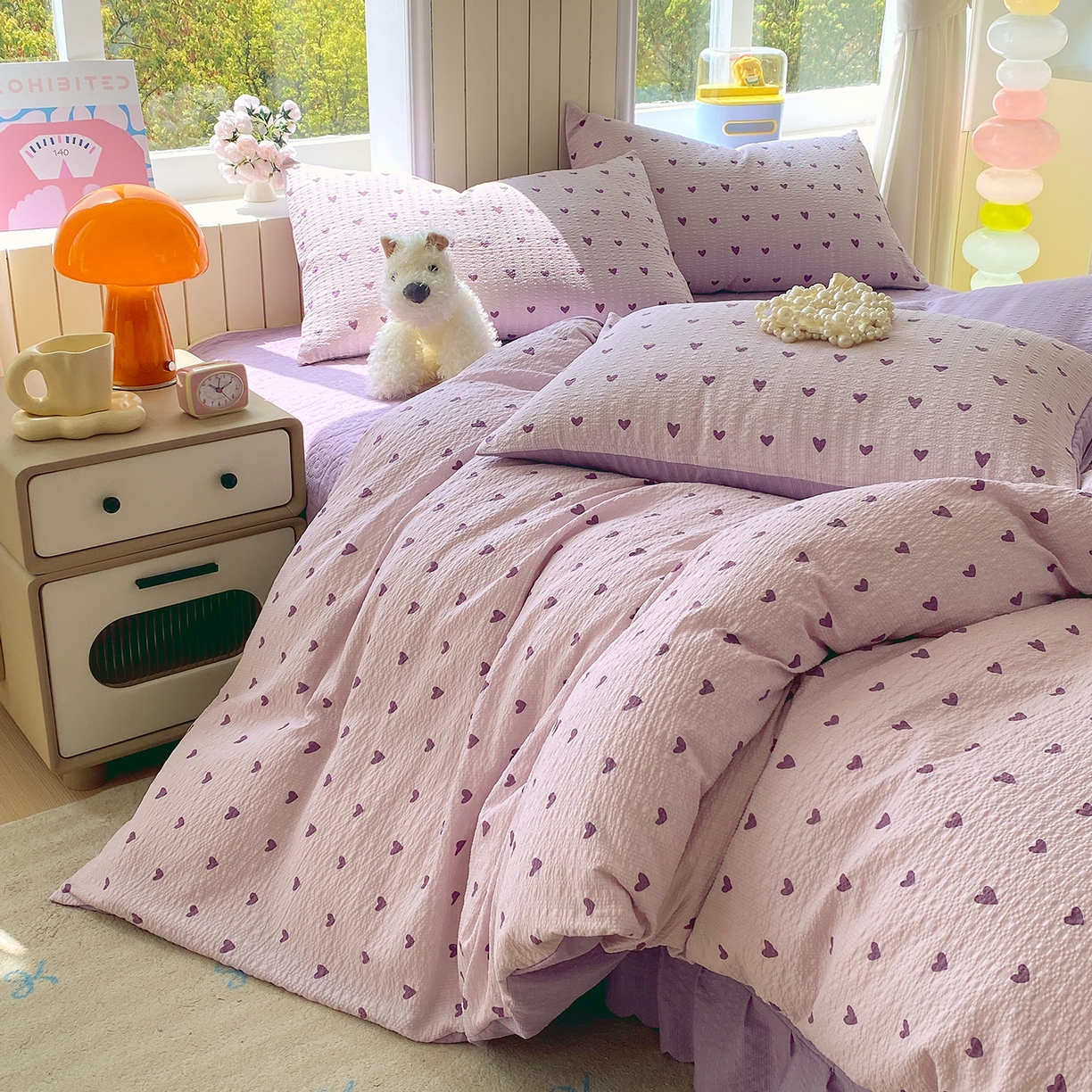 91家纺网 家纺一手货源 找家纺 莱米家纺 2026新款云感泡泡纱双层纱床盖四件套 紫色爱心