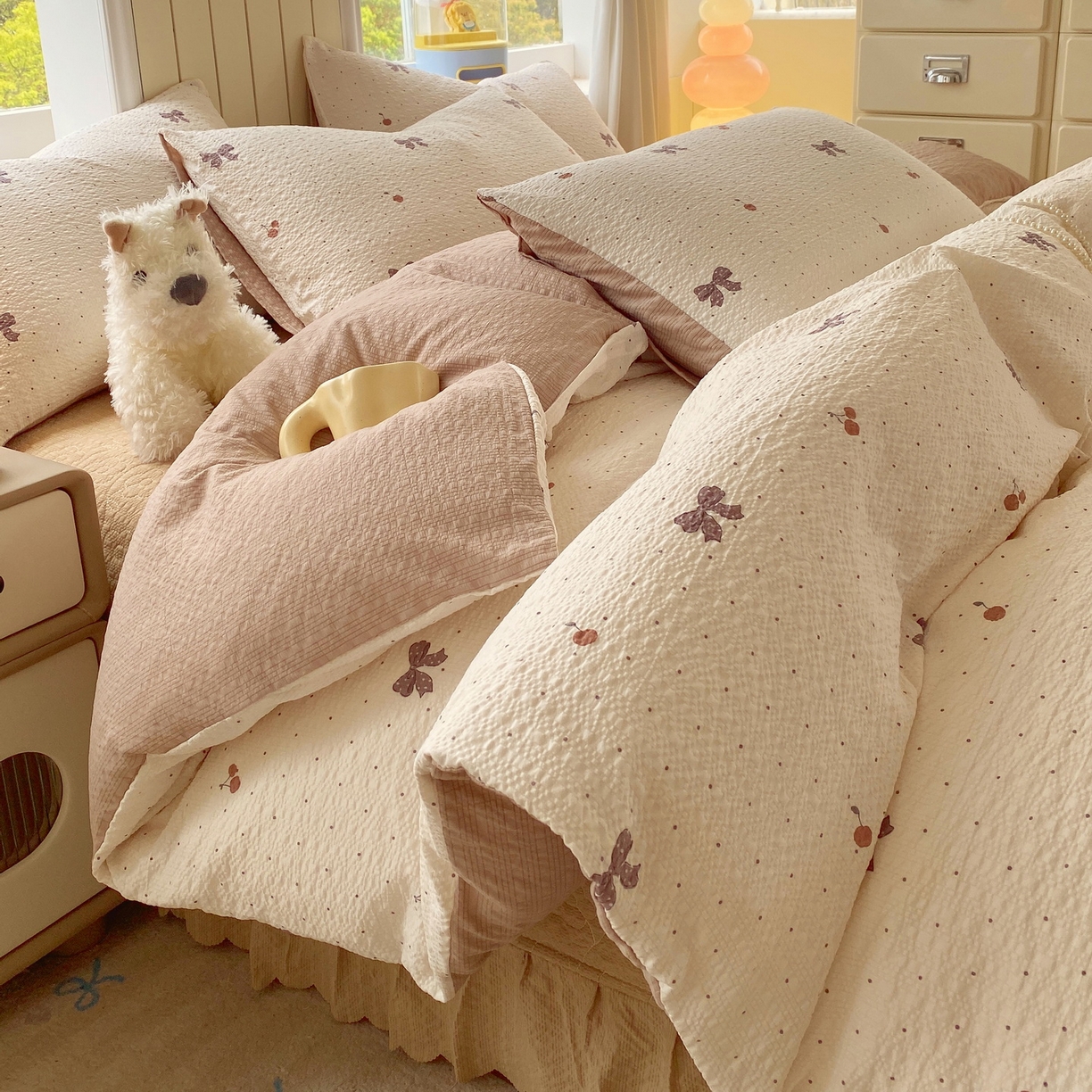 莱米家纺 2026新款云感泡泡纱双层纱床盖四件套 棕蝴蝶结