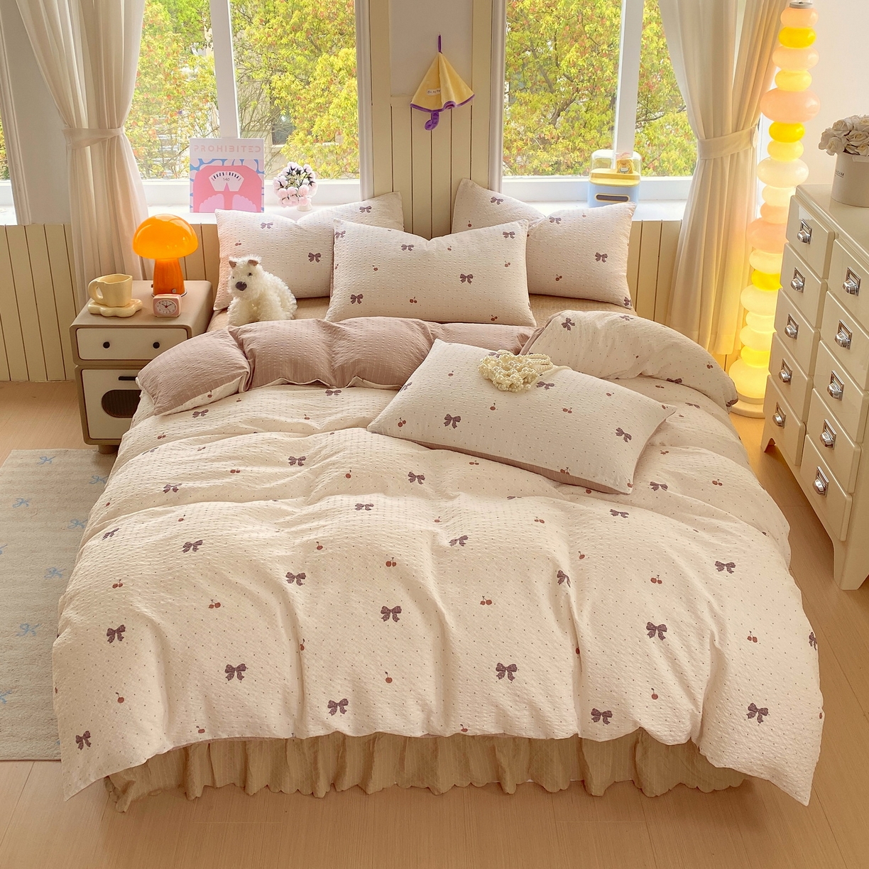 91家纺网 家纺一手货源 找家纺 莱米家纺 2026新款云感泡泡纱双层纱床盖四件套 棕蝴蝶结