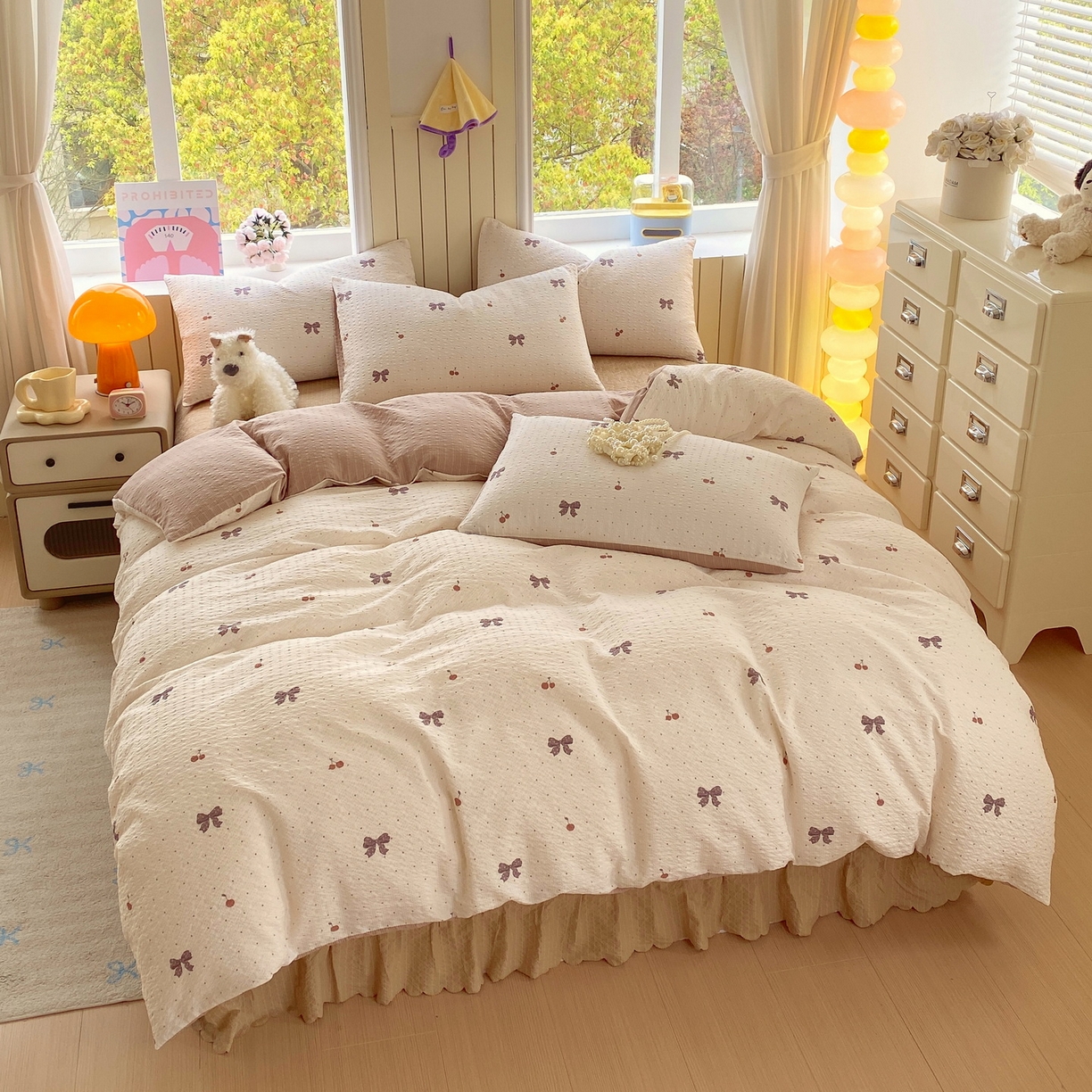 91家纺网 家纺一手货源 找家纺 莱米家纺 2026新款云感泡泡纱双层纱床盖四件套 棕蝴蝶结