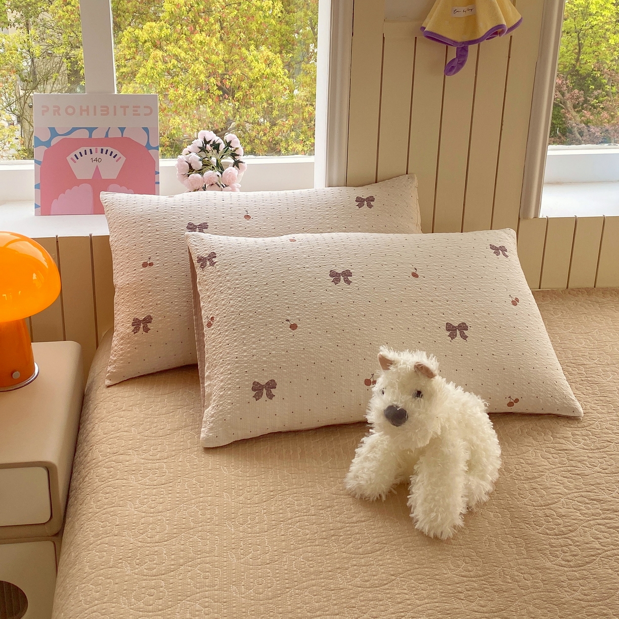 91家纺网 家纺一手货源 找家纺 莱米家纺 2026新款云感泡泡纱双层纱床盖四件套 棕蝴蝶结