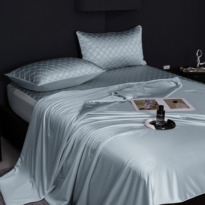 91家纺网 家纺一手货源 找家纺 阿那亚 2026新款冰萃凉感硅胶凉席三件套夏被四件套 冰月蓝