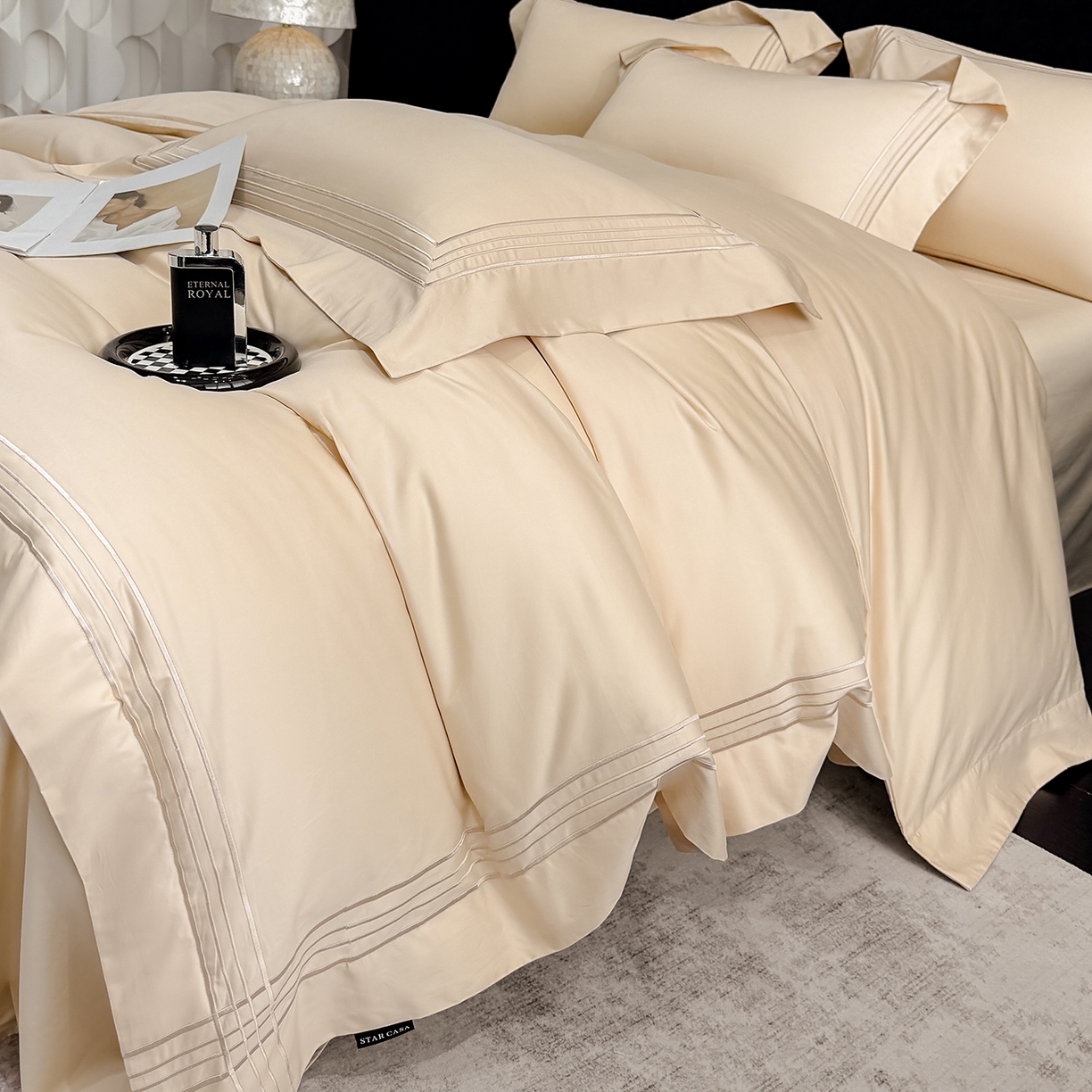 91家纺网 家纺一手货源 找家纺 星蕴家纺 2026新款贡缎新疆长绒棉四件套-千寻 千寻香槟金