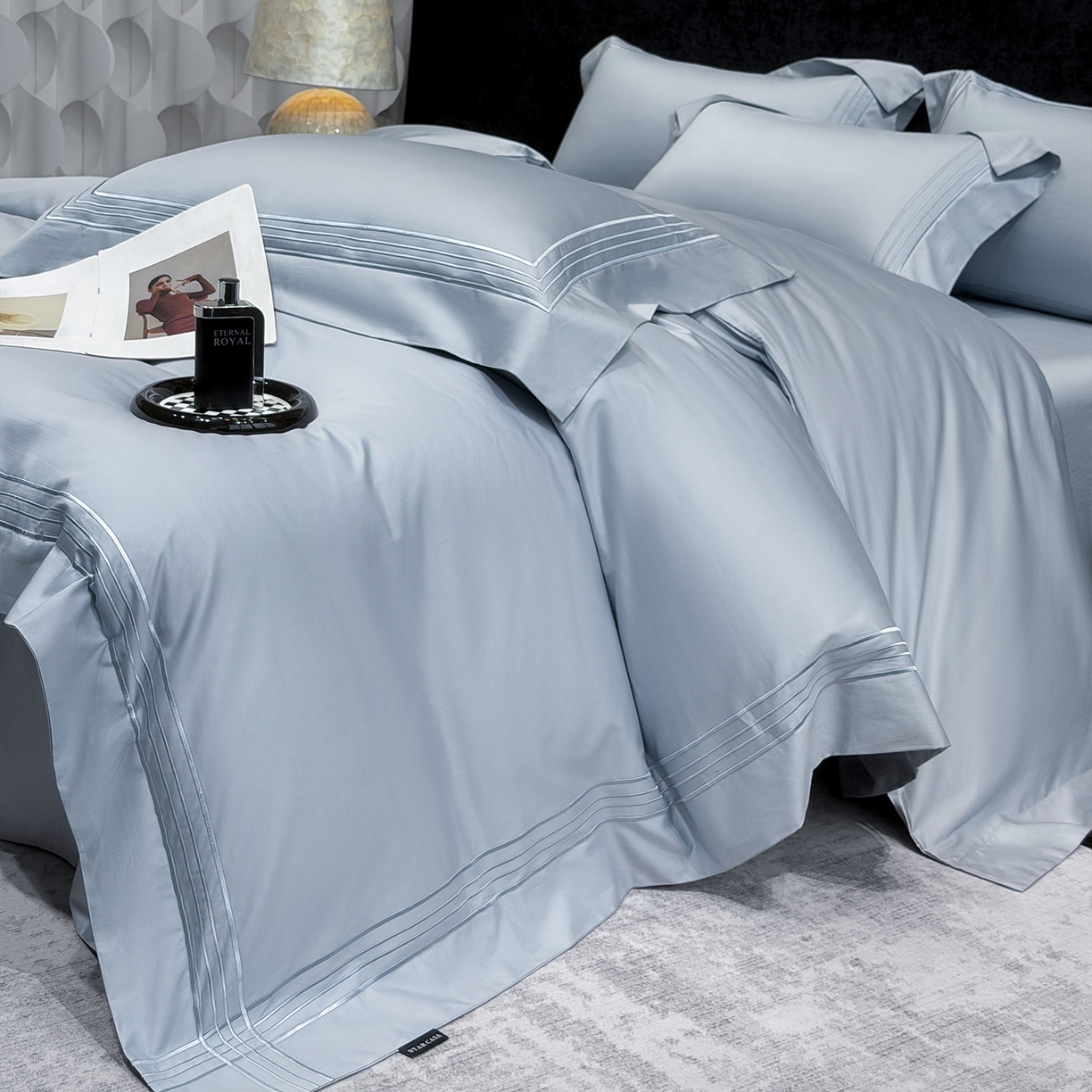 91家纺网 家纺一手货源 找家纺 星蕴家纺 2026新款贡缎新疆长绒棉四件套-千寻 千寻云山蓝