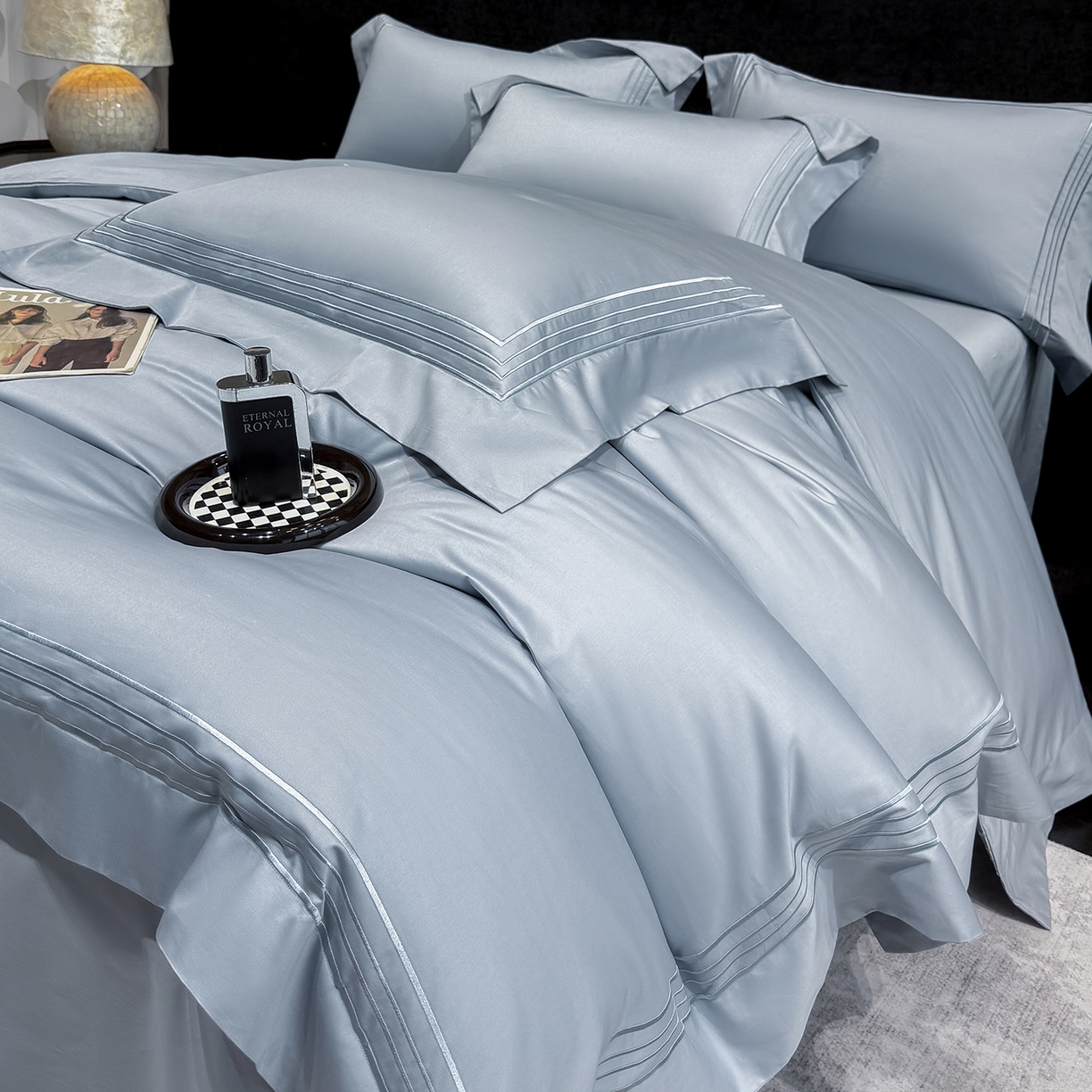 91家纺网 家纺一手货源 找家纺 星蕴家纺 2026新款贡缎新疆长绒棉四件套-千寻 千寻云山蓝