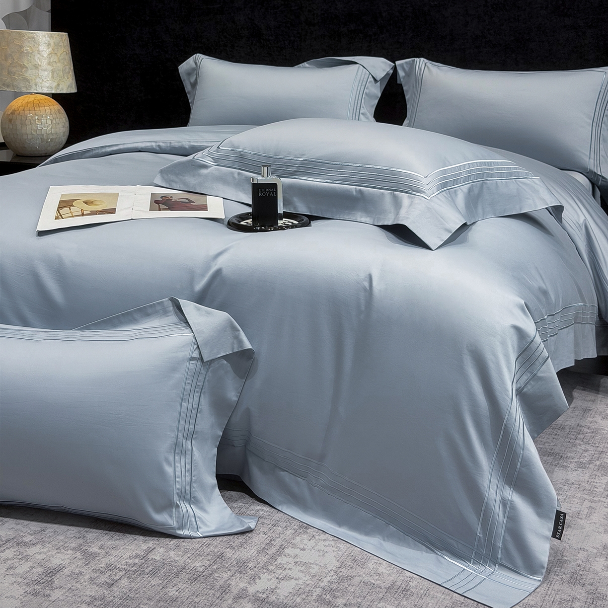 91家纺网 家纺一手货源 找家纺 星蕴家纺 2026新款贡缎新疆长绒棉四件套-千寻 千寻云山蓝