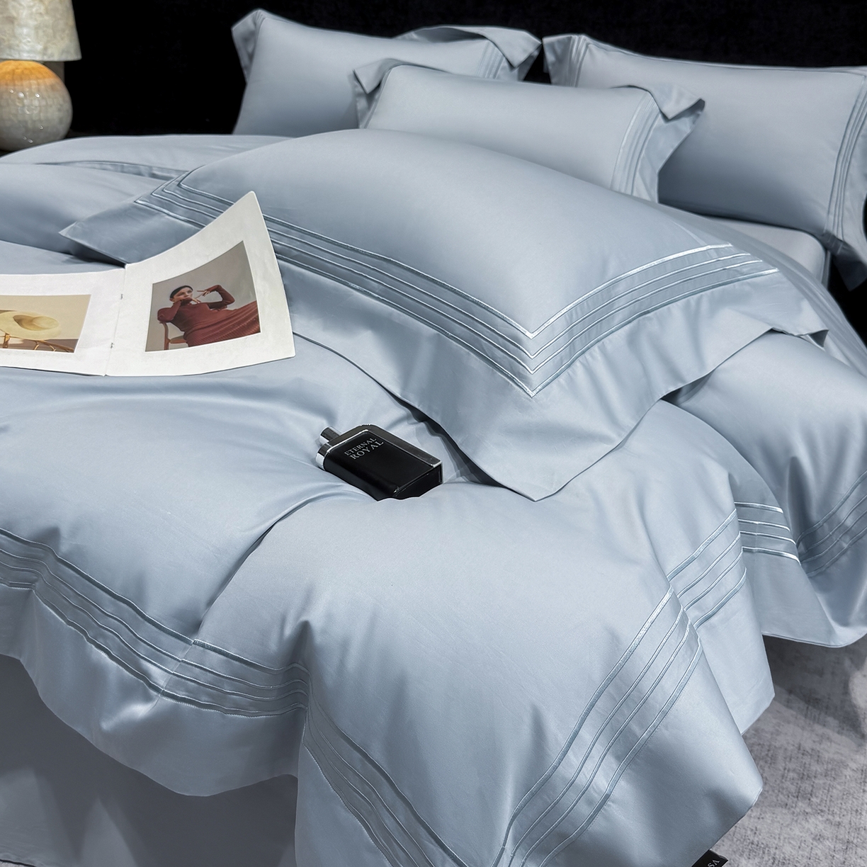 91家纺网 家纺一手货源 找家纺 星蕴家纺 2026新款贡缎新疆长绒棉四件套-千寻 千寻云山蓝