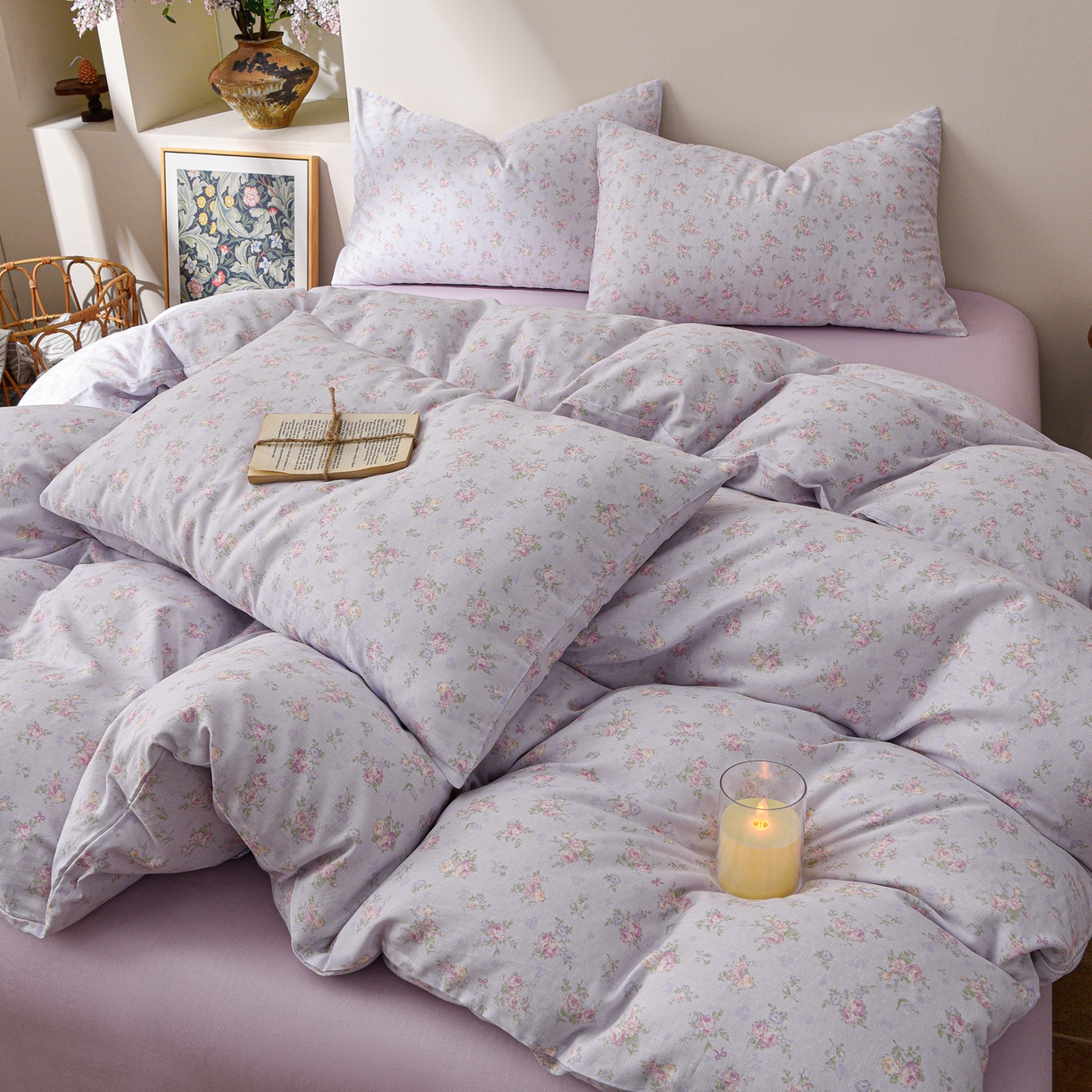 91家纺网 家纺一手货源 找家纺 富安笙 2026新款全棉纯棉双层纱四件套 江南花语-紫