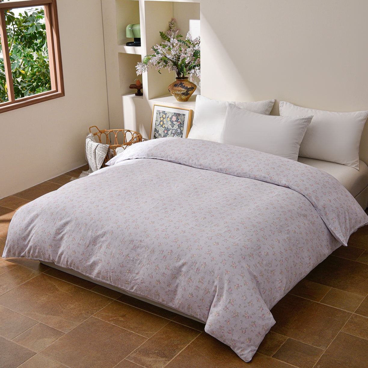 91家纺网 家纺一手货源 找家纺 富安笙 2026新款全棉纯棉双层纱四件套 江南花语-紫