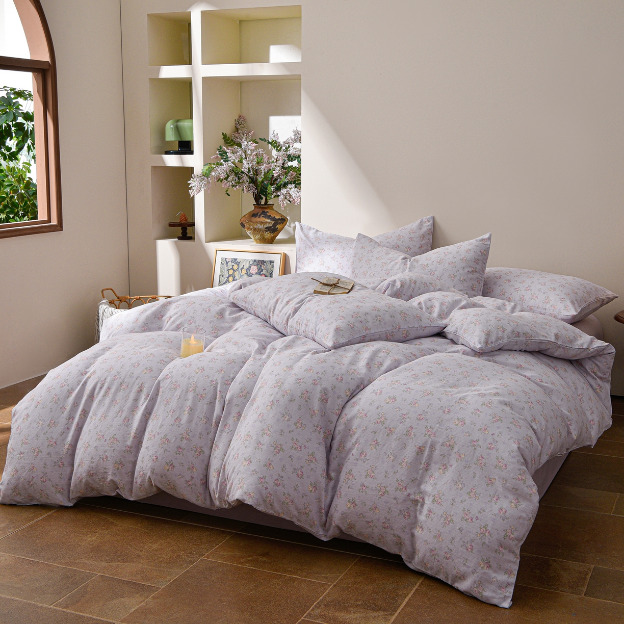 91家纺网 家纺一手货源 找家纺 富安笙 2026新款全棉纯棉双层纱四件套 江南花语-紫