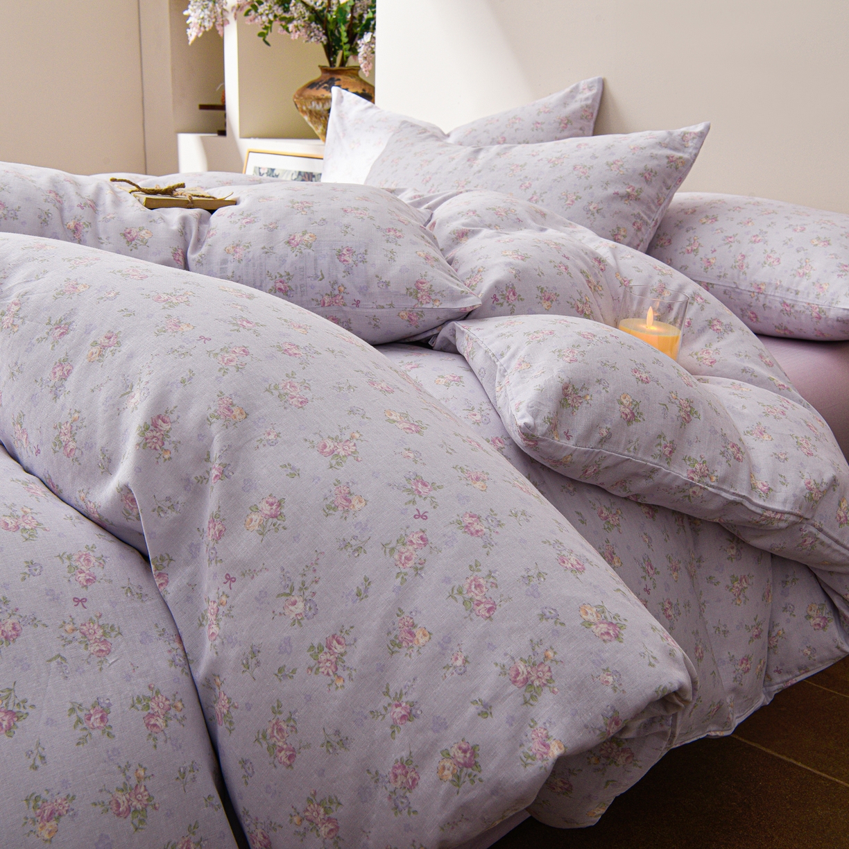 91家纺网 家纺一手货源 找家纺 富安笙 2026新款全棉纯棉双层纱四件套 江南花语-紫