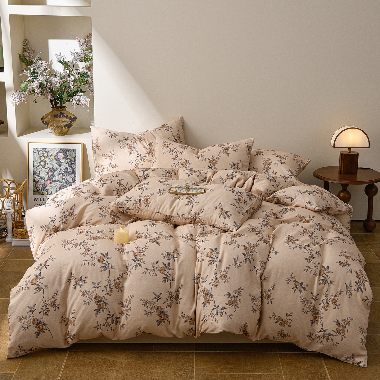 91家纺网 家纺一手货源 找家纺 富安笙 2026新款全棉纯棉双层纱四件套 枝蔓-咖