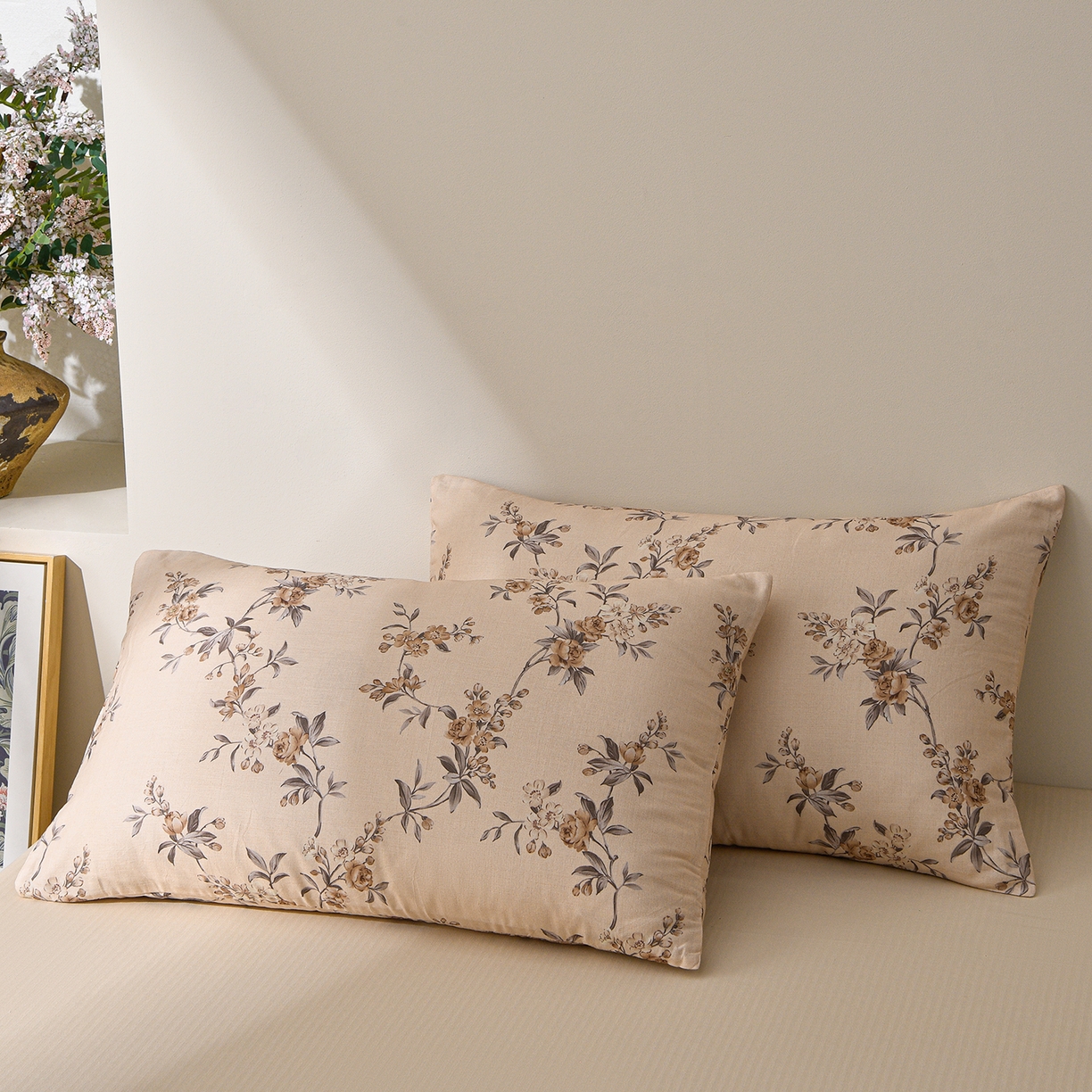 91家纺网 家纺一手货源 找家纺 富安笙 2026新款全棉纯棉双层纱四件套 枝蔓-咖