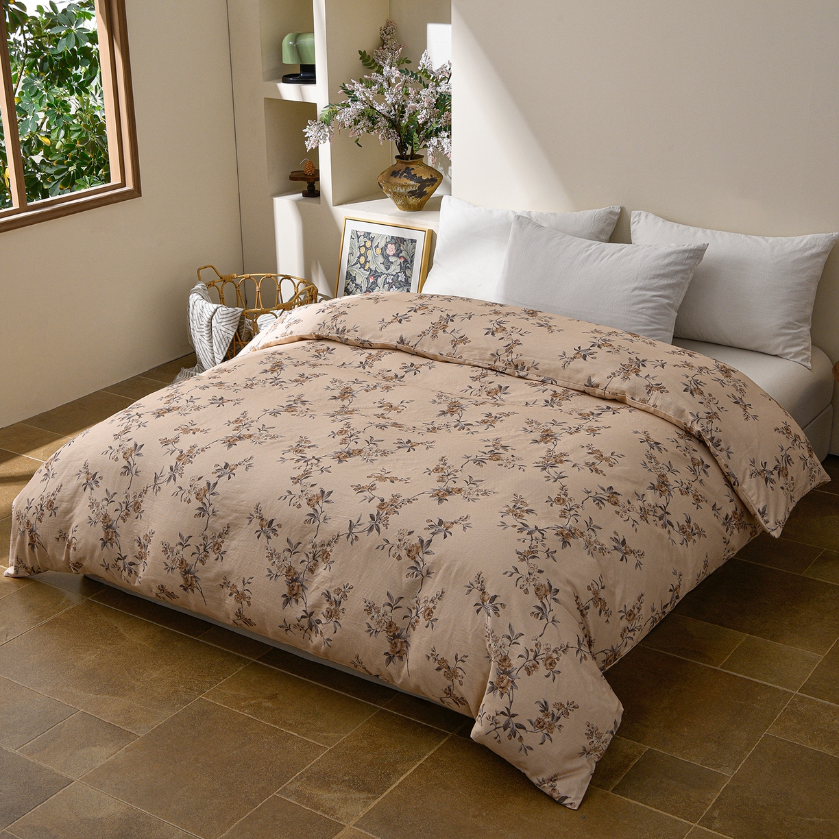 91家纺网 家纺一手货源 找家纺 富安笙 2026新款全棉纯棉双层纱四件套 枝蔓-咖