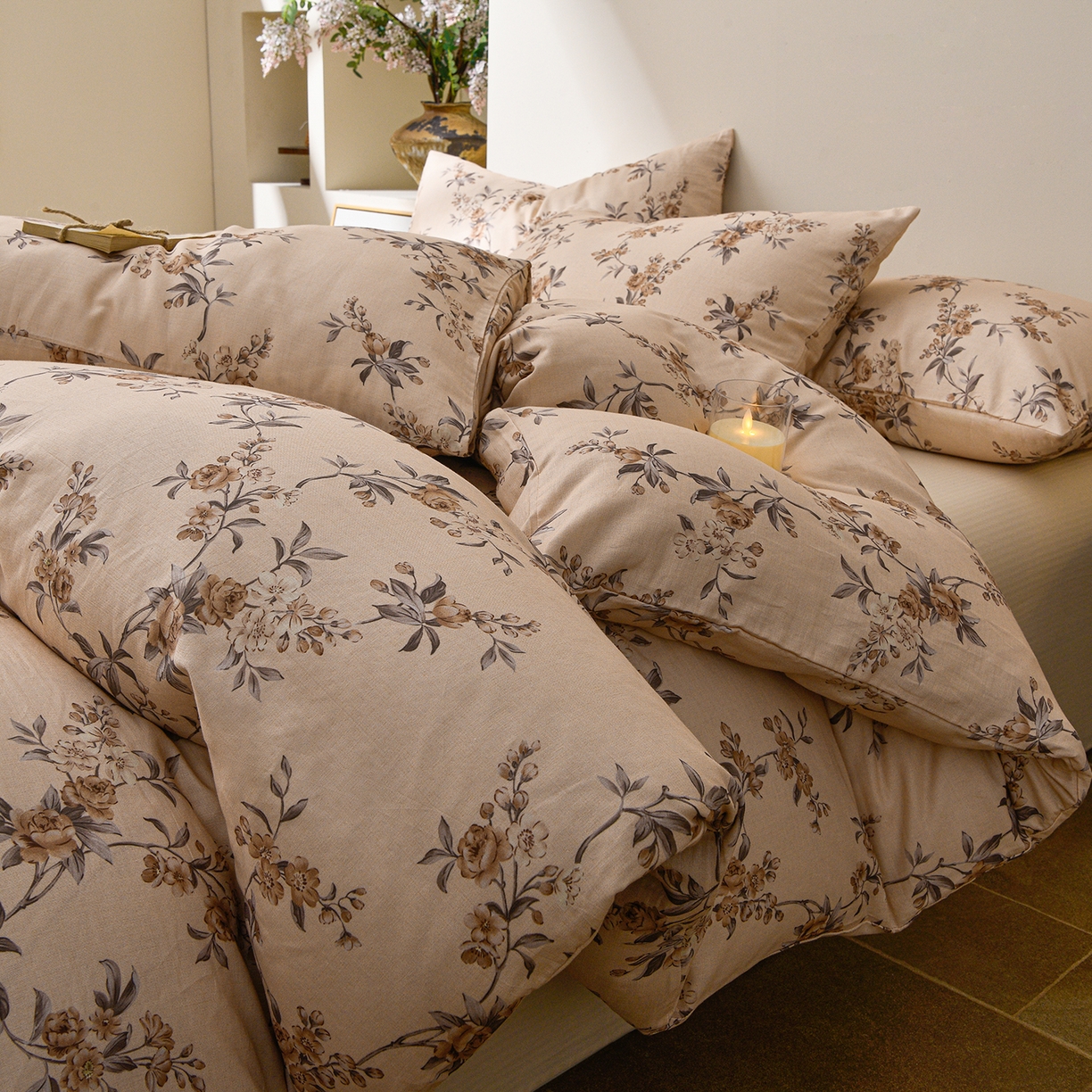 91家纺网 家纺一手货源 找家纺 富安笙 2026新款全棉纯棉双层纱四件套 枝蔓-咖