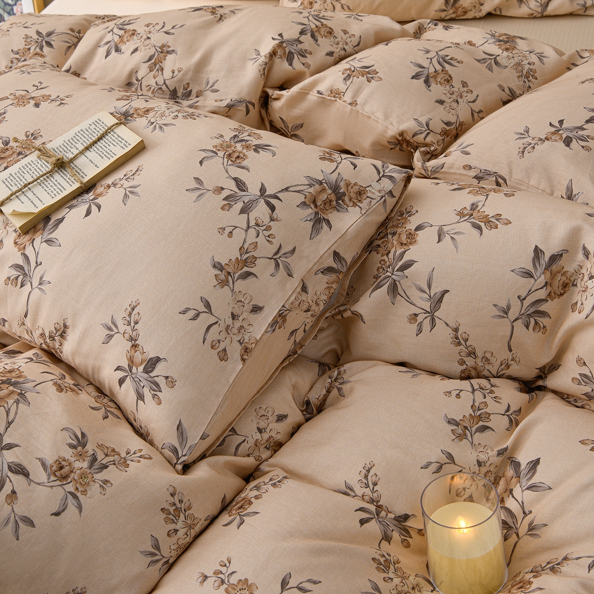 91家纺网 家纺一手货源 找家纺 富安笙 2026新款全棉纯棉双层纱四件套 枝蔓-咖