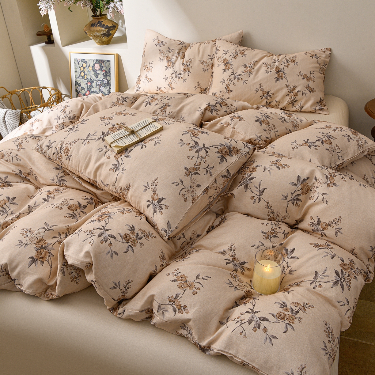 91家纺网 家纺一手货源 找家纺 富安笙 2026新款全棉纯棉双层纱四件套 枝蔓-咖