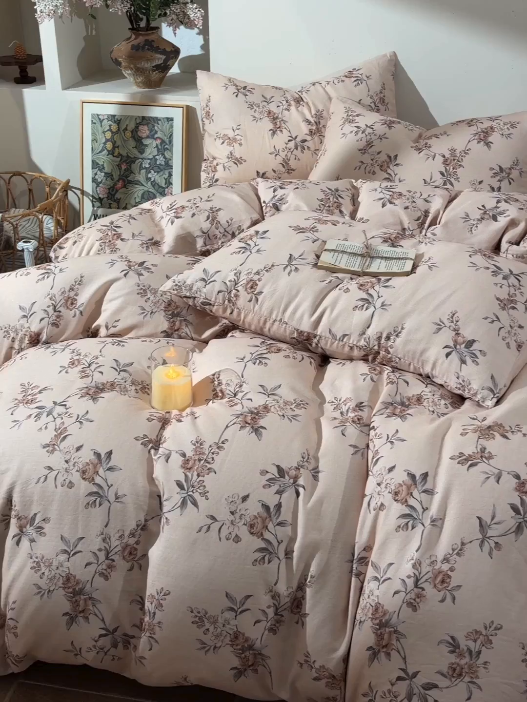 91家纺网 家纺一手货源 找家纺 富安笙 2026新款全棉纯棉双层纱四件套 枝蔓-咖