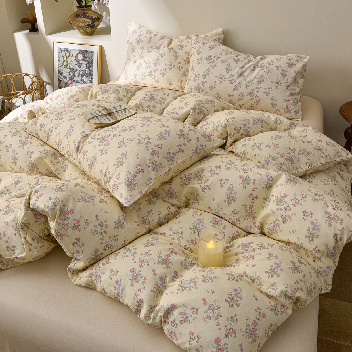 91家纺网 家纺一手货源 找家纺 富安笙 2026新款全棉纯棉双层纱四件套 花妍巧语