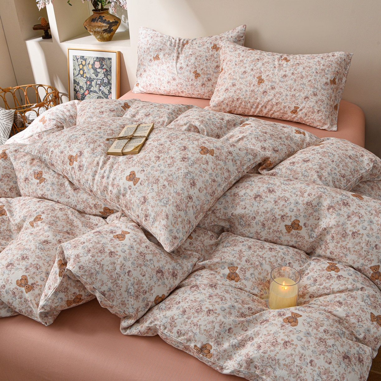 91家纺网 家纺一手货源 找家纺 富安笙 2026新款全棉纯棉双层纱四件套 花伴熊