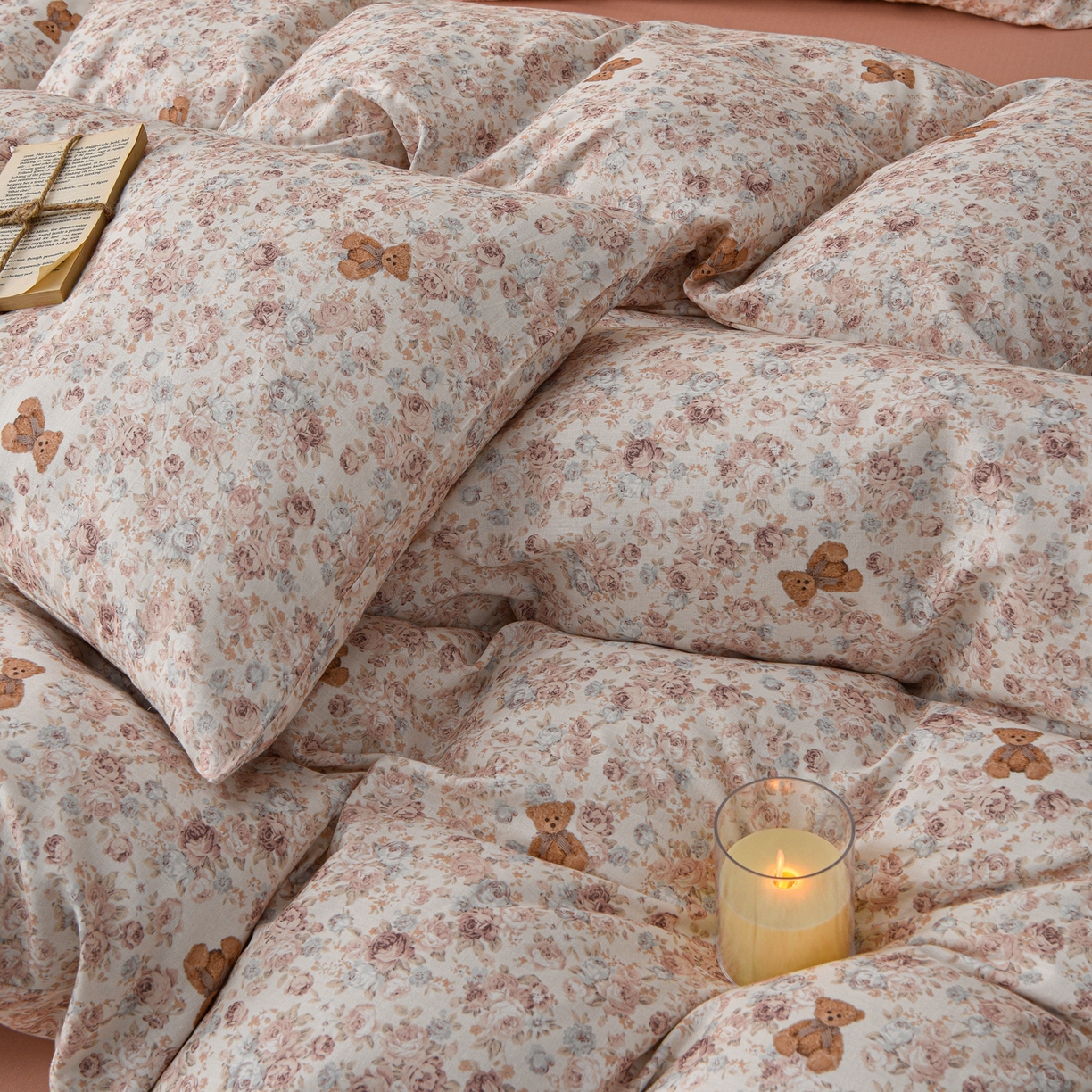 91家纺网 家纺一手货源 找家纺 富安笙 2026新款全棉纯棉双层纱四件套 花伴熊