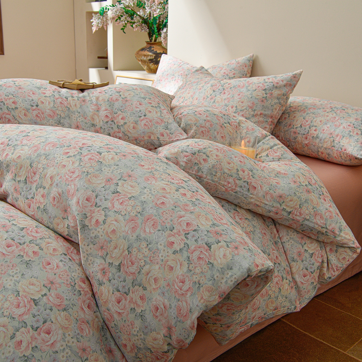 91家纺网 家纺一手货源 找家纺 富安笙 2026新款全棉纯棉双层纱四件套 花间序-兰