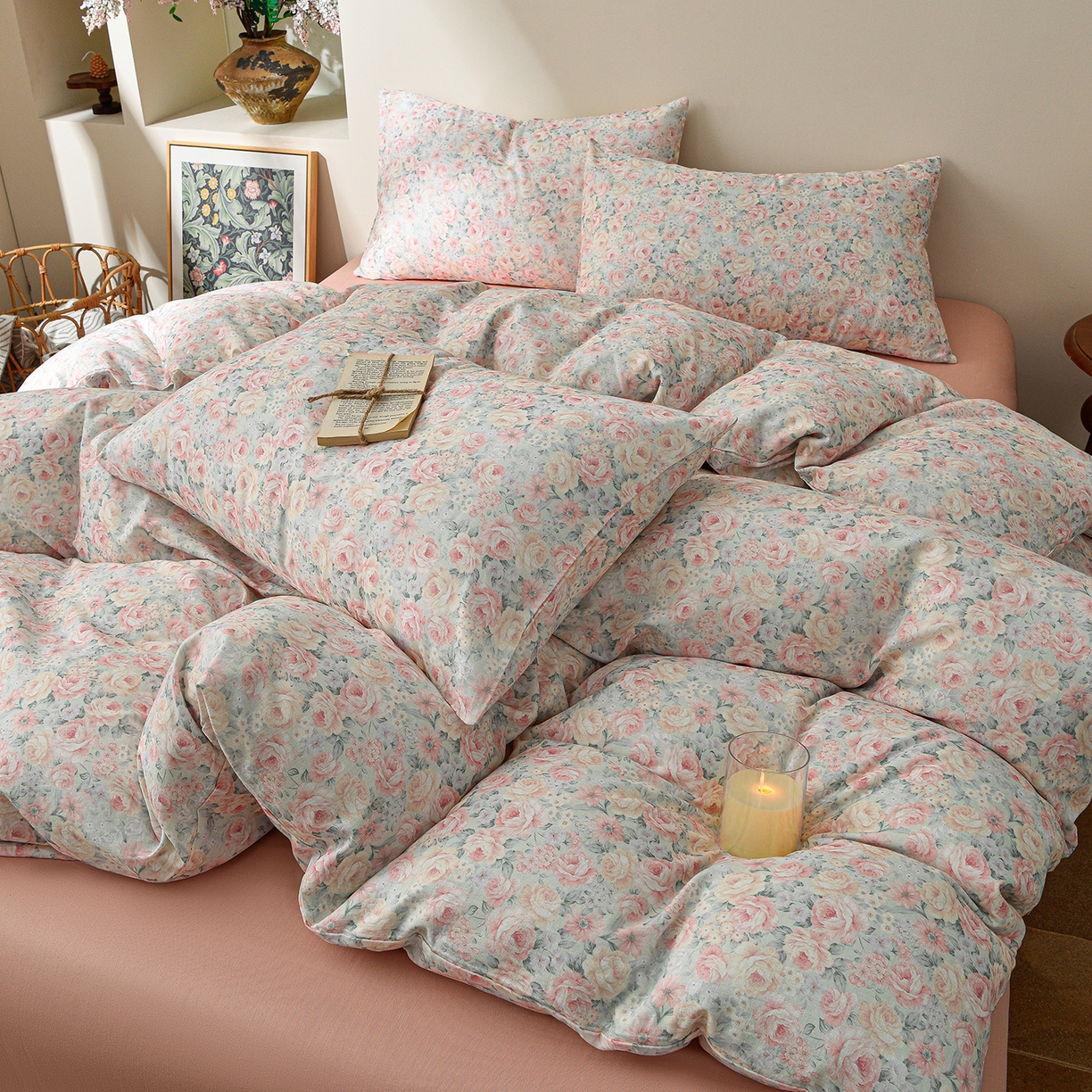 91家纺网 家纺一手货源 找家纺 富安笙 2026新款全棉纯棉双层纱四件套 花间序-兰