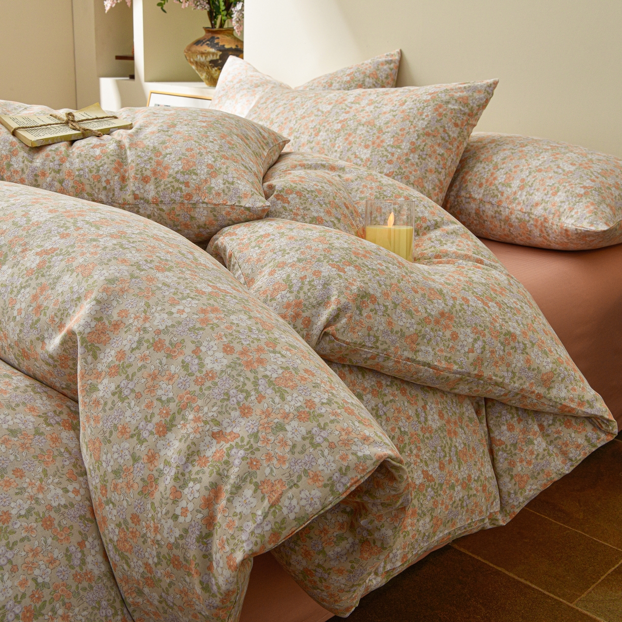 91家纺网 家纺一手货源 找家纺 富安笙 2026新款全棉纯棉双层纱四件套 小情歌(桔)