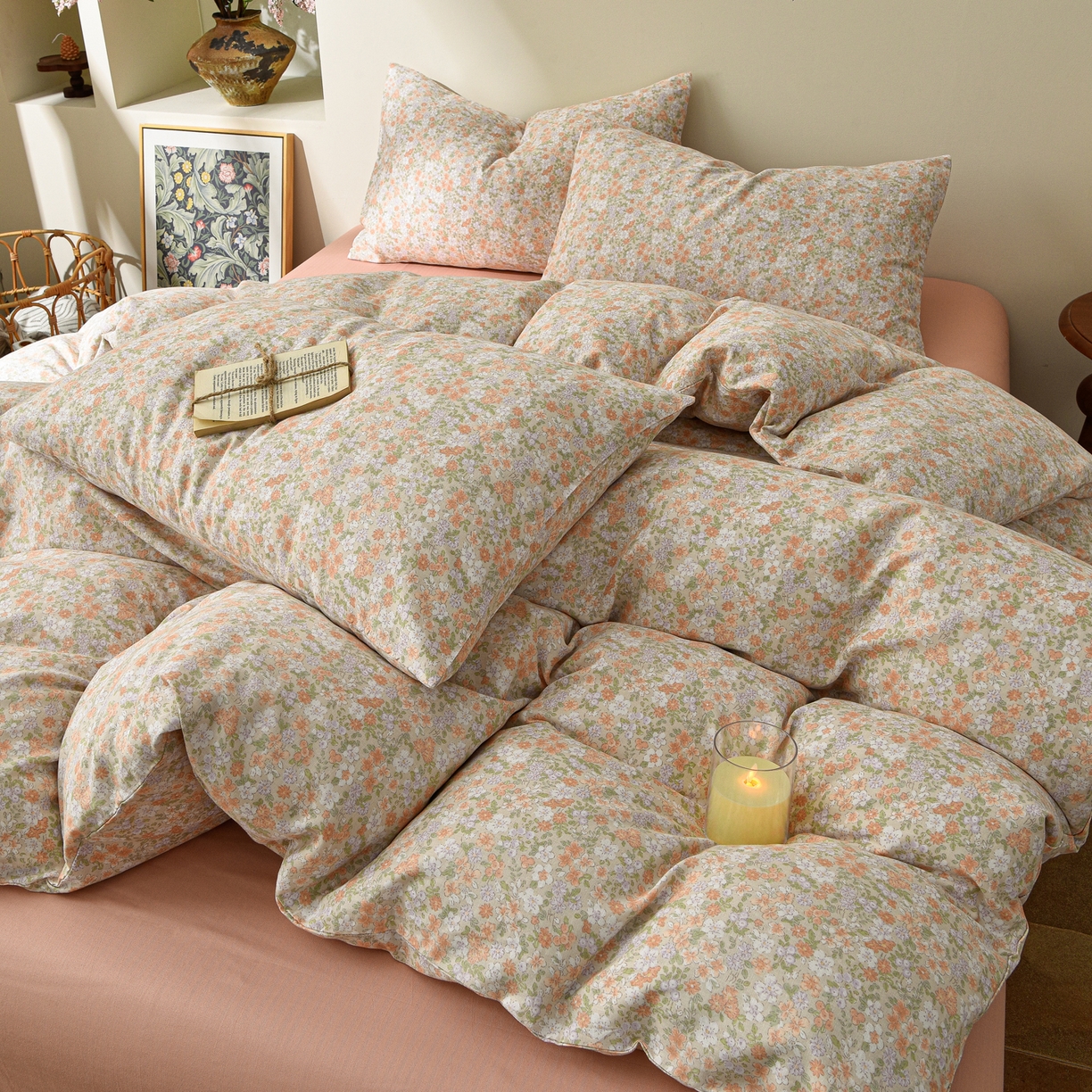 91家纺网 家纺一手货源 找家纺 富安笙 2026新款全棉纯棉双层纱四件套 小情歌(桔)