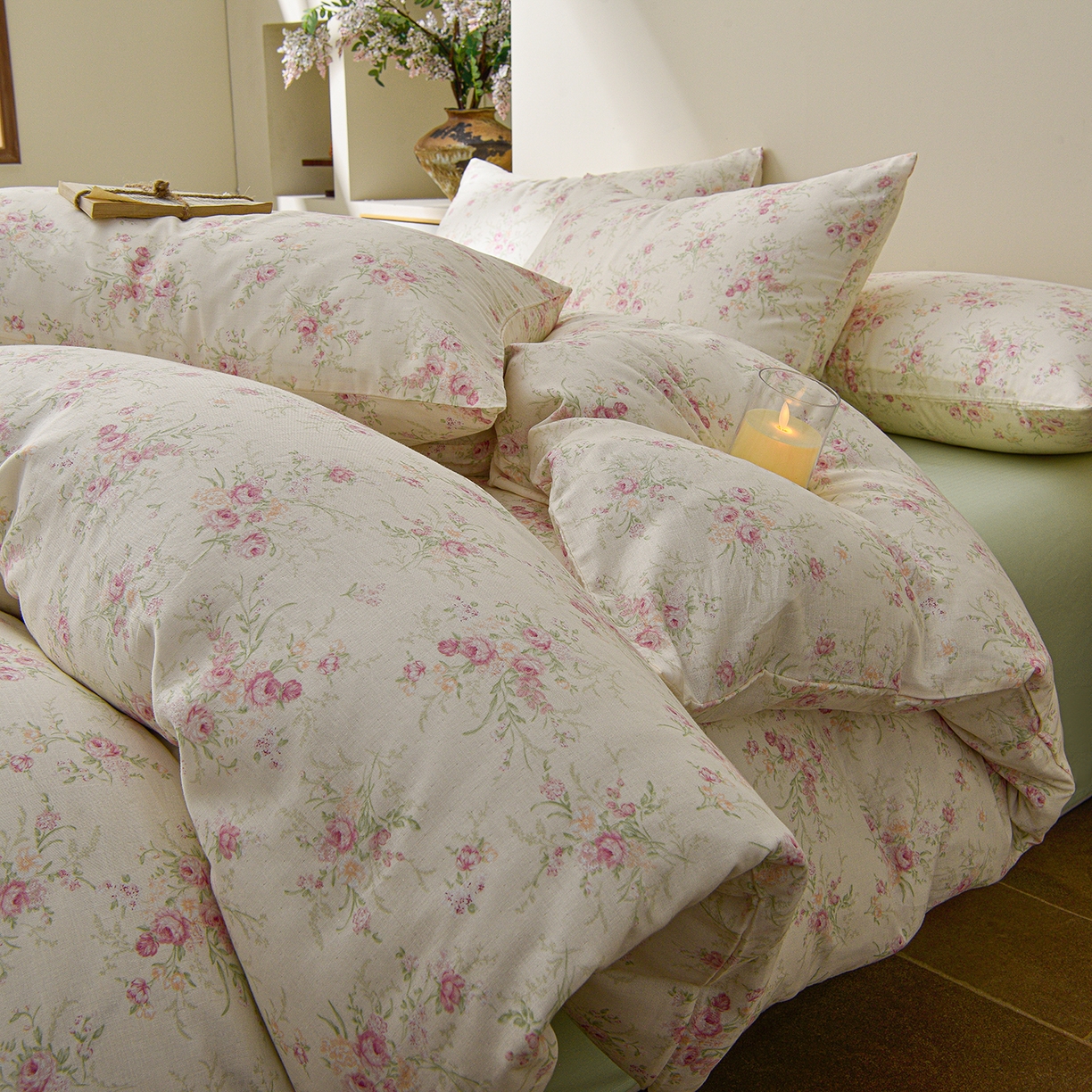 91家纺网 家纺一手货源 找家纺 富安笙 2026新款全棉纯棉双层纱四件套 豆蔻-米