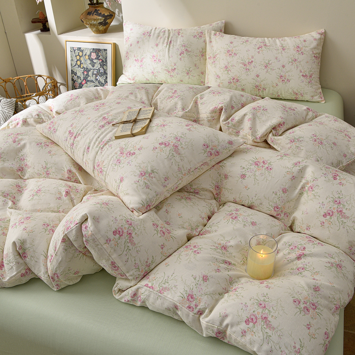 91家纺网 家纺一手货源 找家纺 富安笙 2026新款全棉纯棉双层纱四件套 豆蔻-米