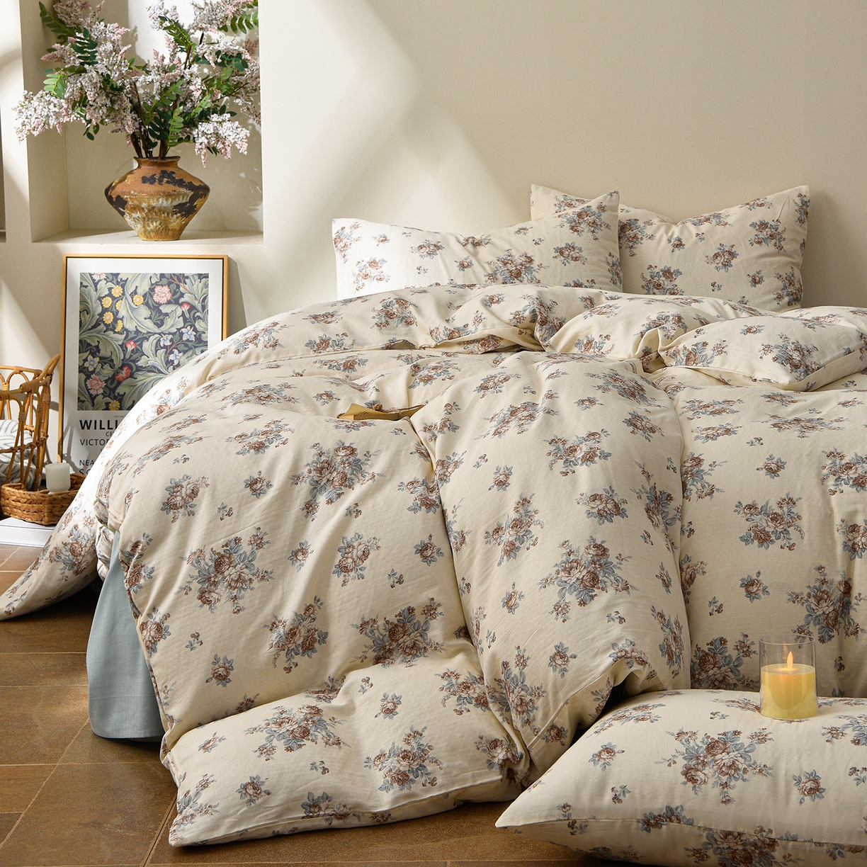 富安笙 2026新款全棉纯棉双层纱四件套 蓝调花韵-咖