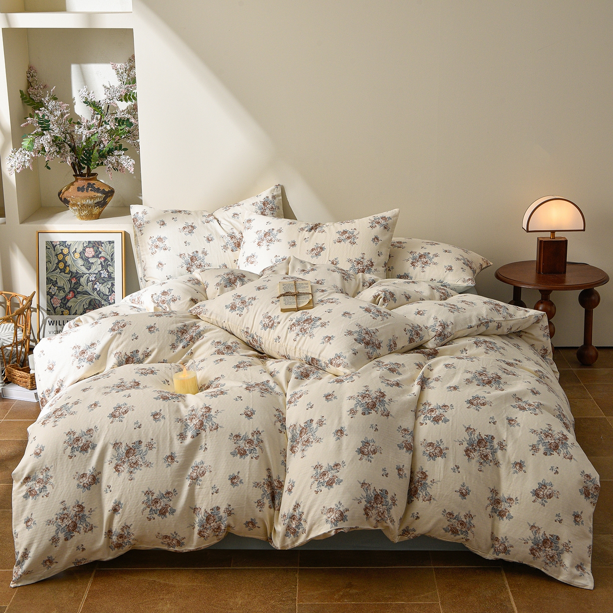 91家纺网 家纺一手货源 找家纺 富安笙 2026新款全棉纯棉双层纱四件套 蓝调花韵-咖