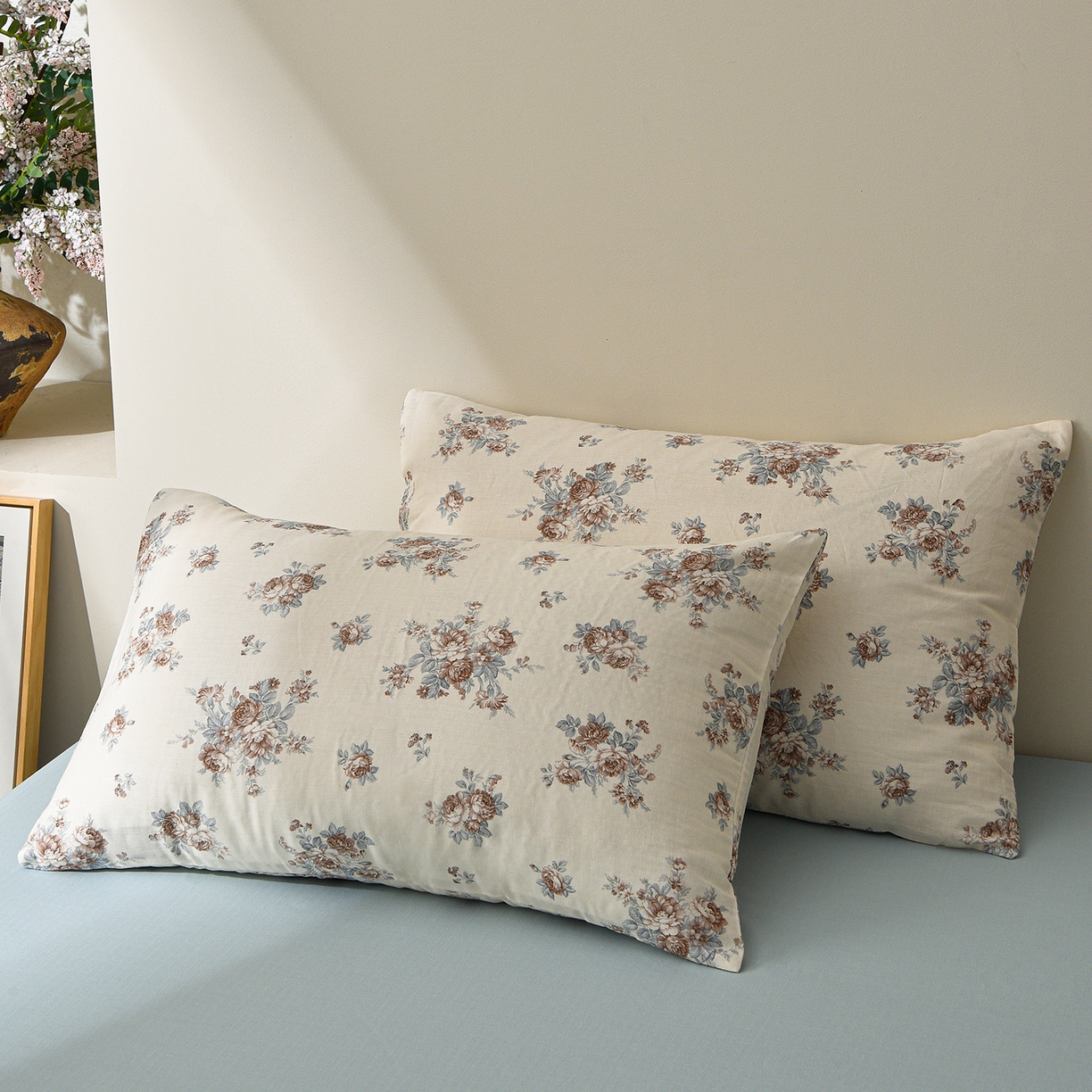 91家纺网 家纺一手货源 找家纺 富安笙 2026新款全棉纯棉双层纱四件套 蓝调花韵-咖