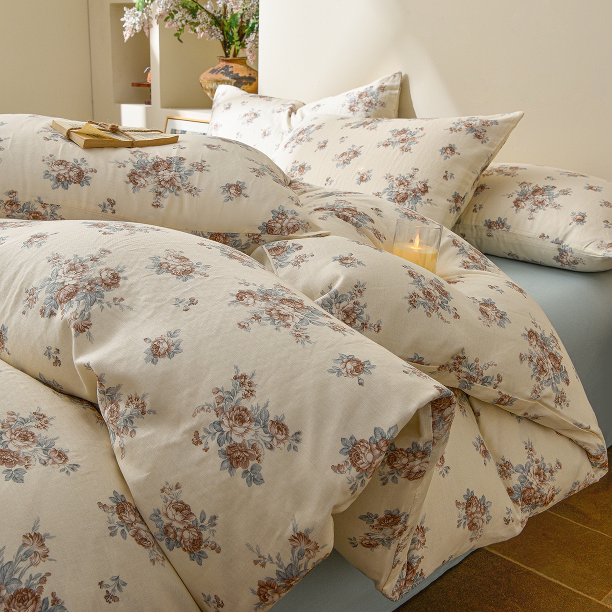 91家纺网 家纺一手货源 找家纺 富安笙 2026新款全棉纯棉双层纱四件套 蓝调花韵-咖