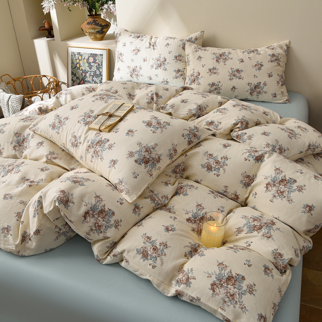 91家纺网 家纺一手货源 找家纺 富安笙 2026新款全棉纯棉双层纱四件套 蓝调花韵-咖