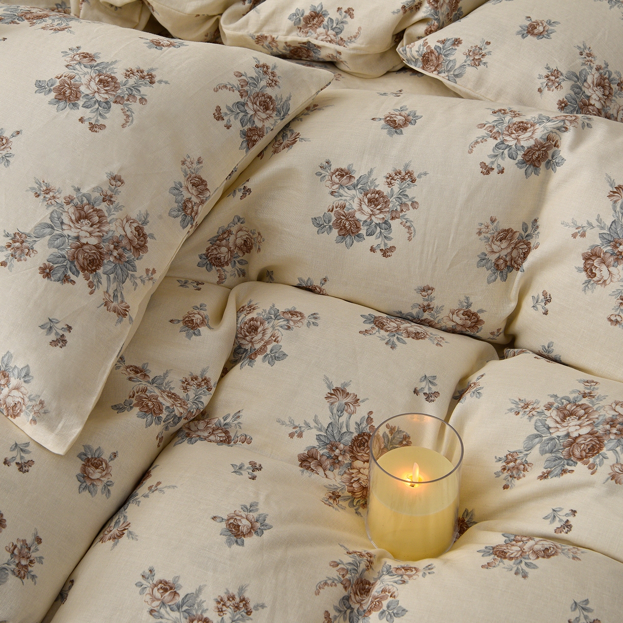 91家纺网 家纺一手货源 找家纺 富安笙 2026新款全棉纯棉双层纱四件套 蓝调花韵-咖