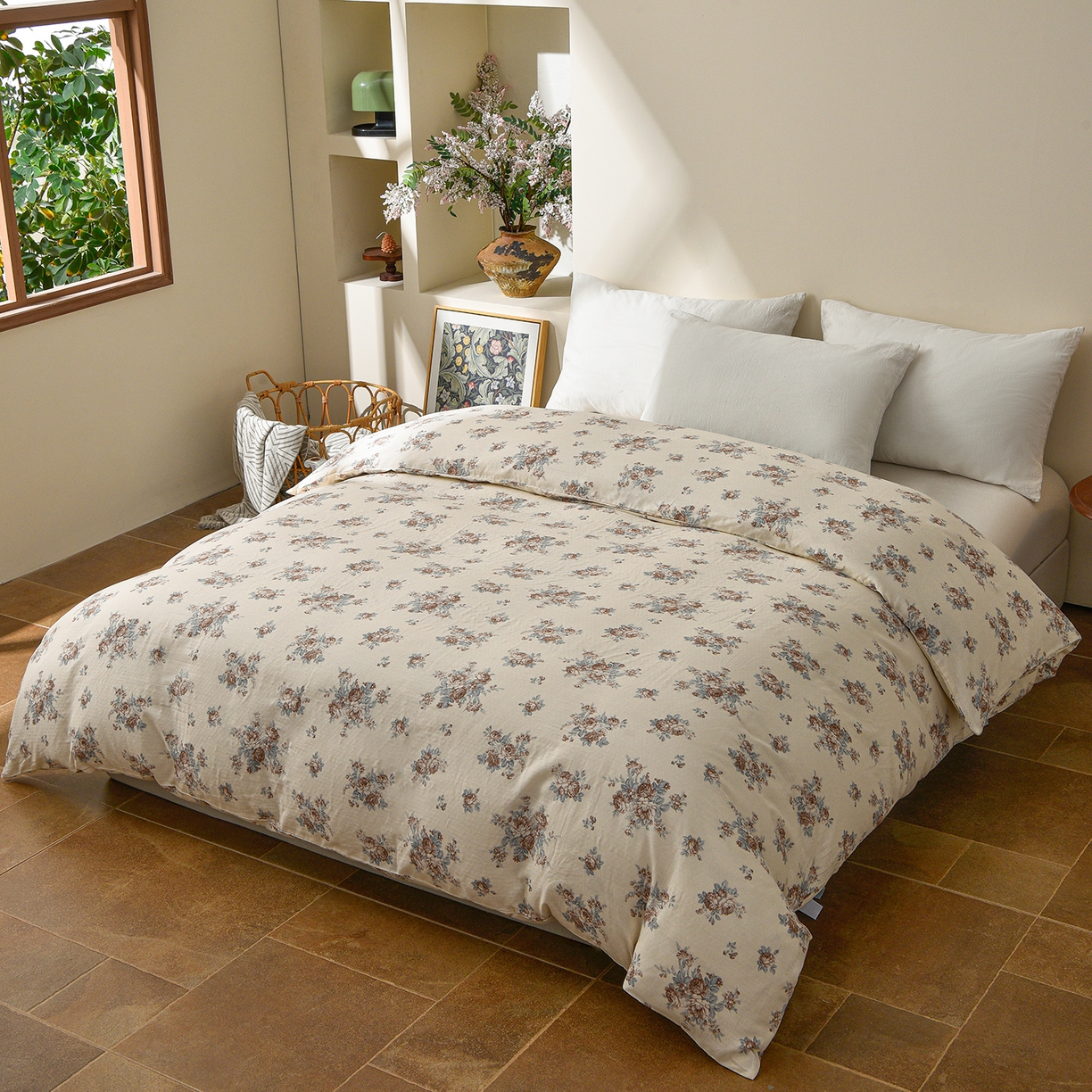 91家纺网 家纺一手货源 找家纺 富安笙 2026新款全棉纯棉双层纱四件套 蓝调花韵-咖